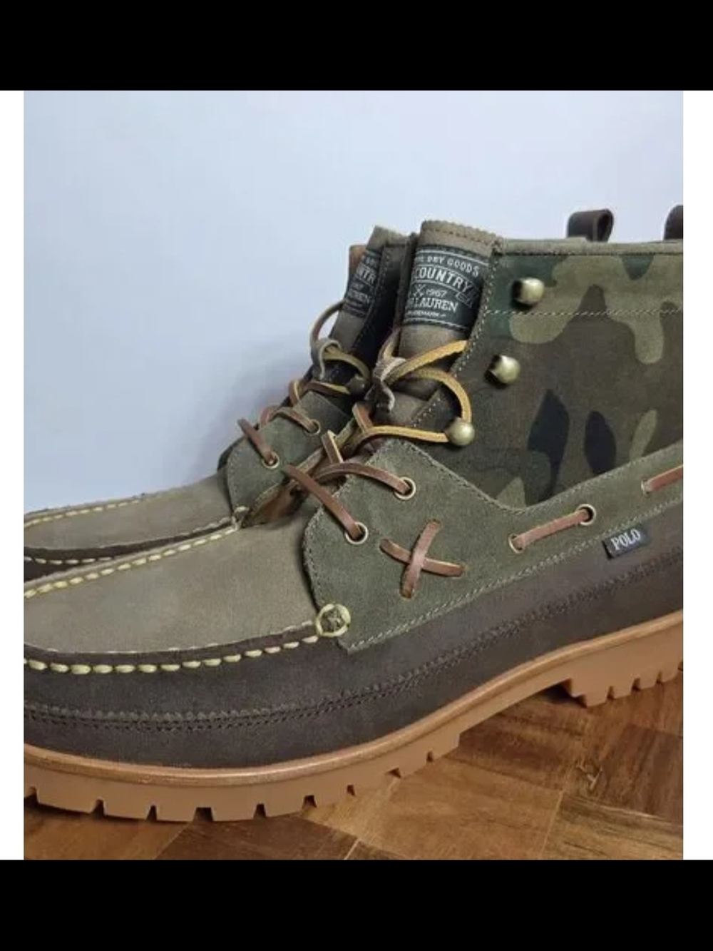 Polo by Ralph Lauren Men’s Camo Green Suede Moc-Toe Boots